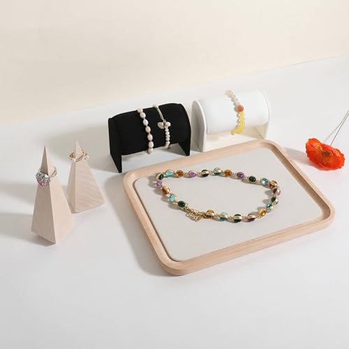 velvet Jewelry organizer tray, Beech wood Jewelry Display Plate, Beige Jewelry Viewing Tray, Jewelry showcase tray for Necklace Bracelet Ring Earring stand holder (Cream-Large, 9.8x 7.1 in) - size: Large