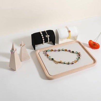 velvet Jewelry organizer tray, Beech wood Jewelry Display Plate, Beige Jewelry Viewing Tray, Jewelry showcase tray for Necklace Bracelet Ring Earring stand holder (Cream-Large, 9.8x 7.1 in) - size: Large