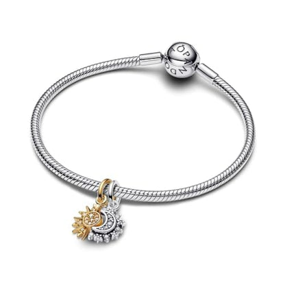 PANDORA Splittable Sun & Moon Dangle Charm | Sterling Silver, 14k Gold Plating & Cubic Zirconia, Compatible with PANDORA Moments & ME, Jewelry for Women with Gift Box