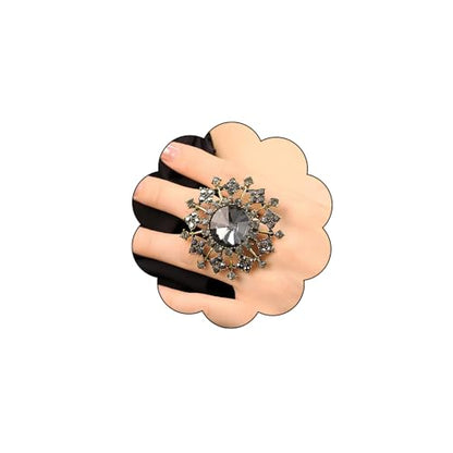 Elegant Big Crystal Ring for Women Gold Stacking Pearl Rhinestone Flower Rings Open Finger Adjustable Crystal Statement Ring Jewelry for Bridal Wedding - color: Crystal 6-black