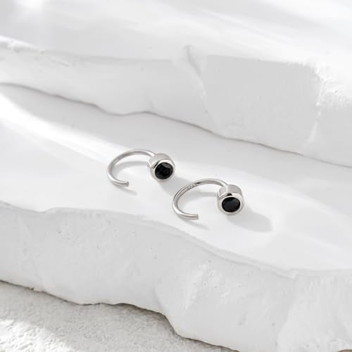 CHIC & ARTSY 925 Sterling Silver Half Hoop Earrings for Women, Dainty Huggie Hoops with Synthetic Opal, Moonstone, CZ & Gemstones, Lightweight Comfort Fit Everyday Elegant Jewelry - color: CZ/Black