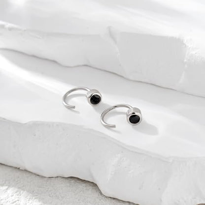 CHIC & ARTSY 925 Sterling Silver Half Hoop Earrings for Women, Dainty Huggie Hoops with Synthetic Opal, Moonstone, CZ & Gemstones, Lightweight Comfort Fit Everyday Elegant Jewelry - color: CZ/Black