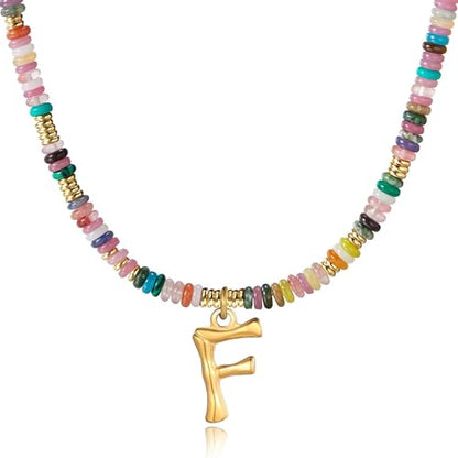 YOUFENG Initial Letter Necklaces for Women Colorful Beaded Gemstone Choker 14K Gold Plated Bamboo Letter Pendant Necklace Natural Stone Handmade Jewelry Gift - color: F
