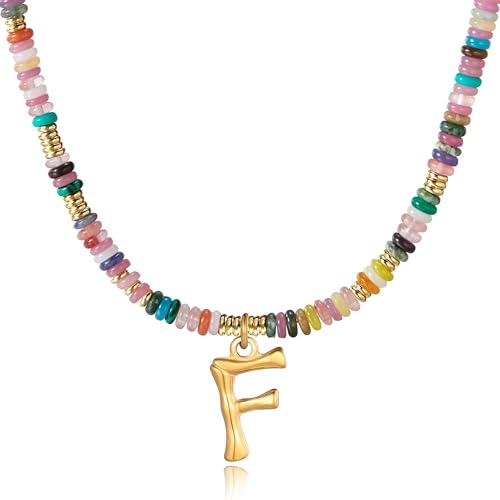 YOUFENG Initial Letter Necklaces for Women Colorful Beaded Gemstone Choker 14K Gold Plated Bamboo Letter Pendant Necklace Natural Stone Handmade Jewelry Gift - color: F