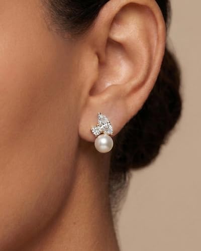 Pearl Earrings - 14k Gold or White Gold Plated Sparkle Cubic Zirconia Dainty Pearl Stud Earrings for Women Wedding Party Bridal - color: gold CZ pearl