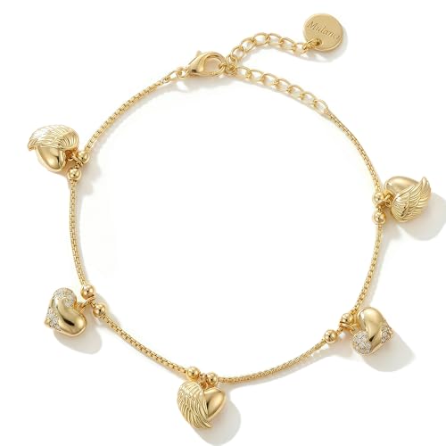 14K Gold Heart Charm Bracelet for Women, Dainty Cute Gold Plated Link Chain Bracelets, Women's Trendy Jewelry Gift