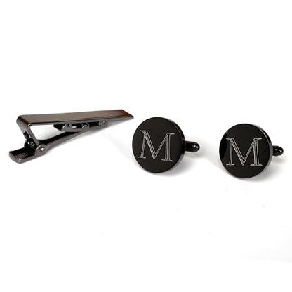 Mens Initial Cufflinks and Tie Clip A-Z Alphabet Letter Black Stainless Cuff Links Tie Bar with Engraved Walnut Wood Box Groom Groomsman Wedding Set - style: Classic-M