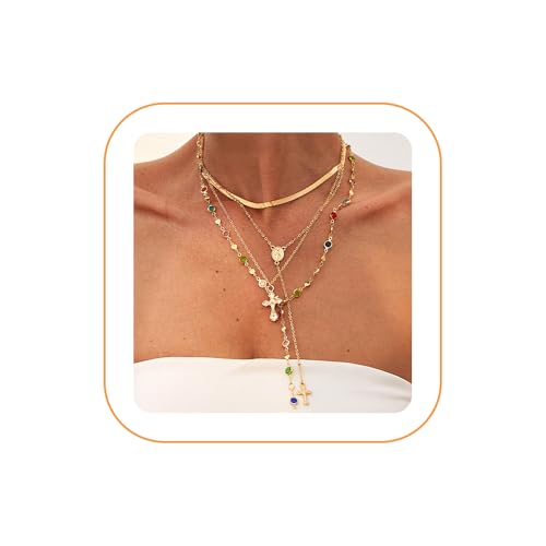Layered Cross Necklace Set for Women, Layered Choker Necklaces Trendy Jewelry, Colorful Enamel Beaded Y-Shaped Lariat Necklace, Boho Multilayer Cross Necklace for Party and Daily Wear - color: Gold-06