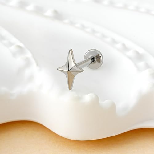 1PC ASTM F136 Titanium Mini Threadless Flat Back Stud 18G 6mm 8mm for Conch Helix Flat Tragus Labret - color: Four-pointed star - Tit
