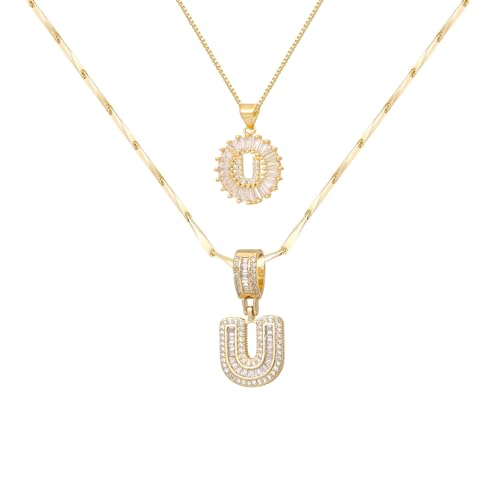 2PCS Initial Necklaces for Women, 14K Gold Plated Letter Pendant Set | Trendy Layered Bling Style, Meaningful Letter & Round CZ Pendant Design - color: Gold, style: Letter U