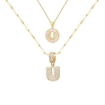 2PCS Initial Necklaces for Women, 14K Gold Plated Letter Pendant Set | Trendy Layered Bling Style, Meaningful Letter & Round CZ Pendant Design - color: Gold, style: Letter U