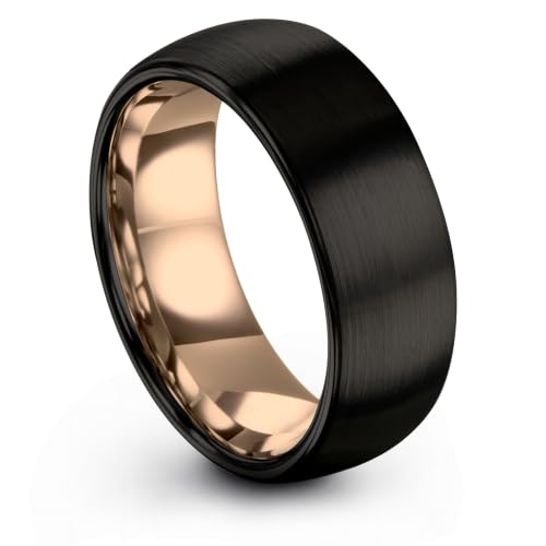 Tungsten Wedding Band Ring 10mm 8mm 6mm 4mm for Men Women 18k Rose Gold Plated Dome Black Grey Brushed Polished - color: 5 Rose Gold Black Tungsten