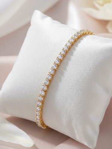 5A Cubic Zirconia Tennis Bracelet for Women, Rhodium/Yellow Gold Plated Hypoallergenic, Birthday Wedding Anniversary Jewelry - color: Prong setting - Yellow Gold