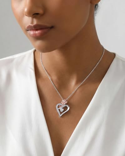 EleShow Moissanite Necklace for Women, Sterling Silver Rose Heart Pendant Necklace, Romantic & Ideal Jewelry Gift for Her on Birthday, Anniversary, Mothers Day