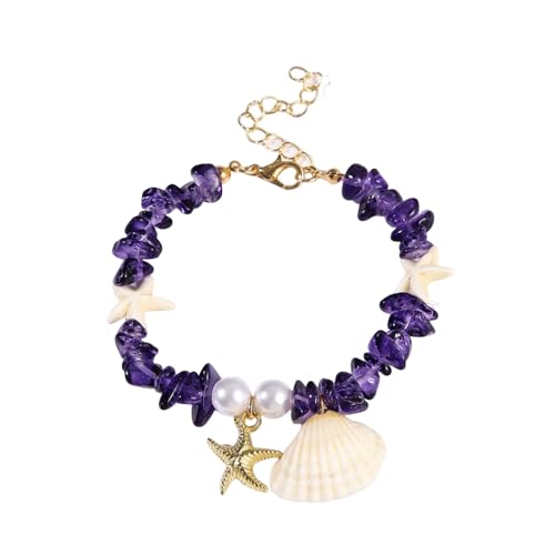 Shell Starfish Bracelet Seahorse Conch Starfish Sea Shell Pearls Charm Stone Bracelet Statement Bohemian Sea Themed Beach Jewelry for Women - color: Purple B