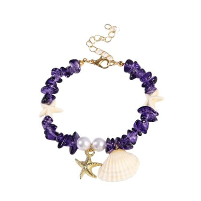 Shell Starfish Bracelet Seahorse Conch Starfish Sea Shell Pearls Charm Stone Bracelet Statement Bohemian Sea Themed Beach Jewelry for Women - color: Purple B