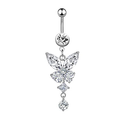 COLORFUL BLING 14G Dangle Butterfly Belly Button Rings,Stainless Steel Belly Rings,925 Sterling Silver CZ Opal Belly Body Piercing Jewelry for Women - color: B