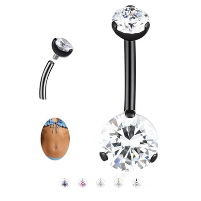 Solid Titanium Belly Button Ring,14G Hypoallergenic Silver Belly Rings,Internally Threaded 10mm Belly Piercing Jewelry,Round CZ Navel Rings,14G Belly Button Rings for Women Men - color: B-wt