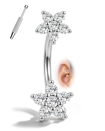 Minimalist Flower Rook Piercing Jewelry, 16G 5A CZ Eyebrow Piercing, Stainless Steel Rook Lobe Earrings 6/8MM - color: WG-8MM