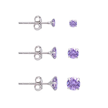 3 Pairs Color Zirconia Earrings Studs, Sterling Silver Studs Earrings Set 3MM 4MM 5MM - color: Purple