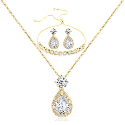 Plated Gold Silver Elegant Teardrop Zircon Earrings Necklace Bracelet Set for Bridesmaids, Sparkling Cubic Zirconia Jewelry, Wedding Gift, 4/5/6-Piece - color: 1 Set Gold