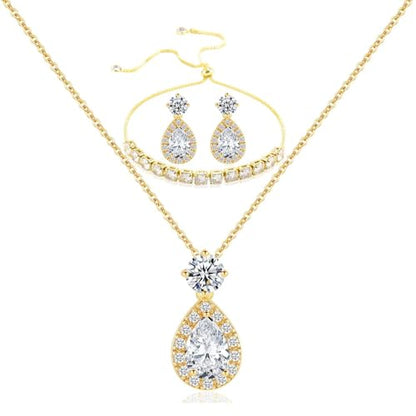Plated Gold Silver Elegant Teardrop Zircon Earrings Necklace Bracelet Set for Bridesmaids, Sparkling Cubic Zirconia Jewelry, Wedding Gift, 4/5/6-Piece - color: 1 Set Gold