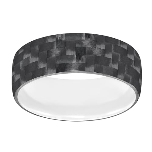 Men’s Tungsten Carbide Wedding Band – 9mm Woven Black Carbon Fiber Exterior Ring with White Tungsten Interior, Flat Low Dome Profile, Comfort Fit, Scratch Resistant & Hypoallergenic by Brilliant