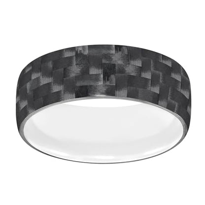 Men’s Tungsten Carbide Wedding Band – 9mm Woven Black Carbon Fiber Exterior Ring with White Tungsten Interior, Flat Low Dome Profile, Comfort Fit, Scratch Resistant & Hypoallergenic by Brilliant