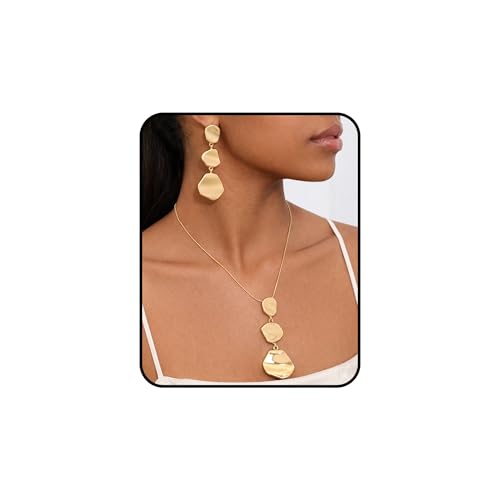 Statement Necklace and Earrings Set – 2PCS Gold Silver Chunky Geometric Pendant Jewelry with Snake Chain, Asymmetrical Ellipse Y-Necklace Metallic Fashion Jewelry for Women - color: B:Gold Angular Shape
