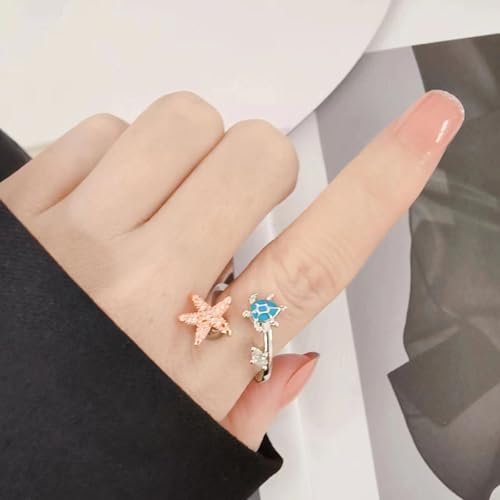 Starfish Turtle Fidget Anxiety Open Rings for Women Cute Funny Adjustable Crystal Spinner Stress Relief Stackable Ring Rotatable Calming Worry Meditation Jewelry Birthday Christmas Gifts