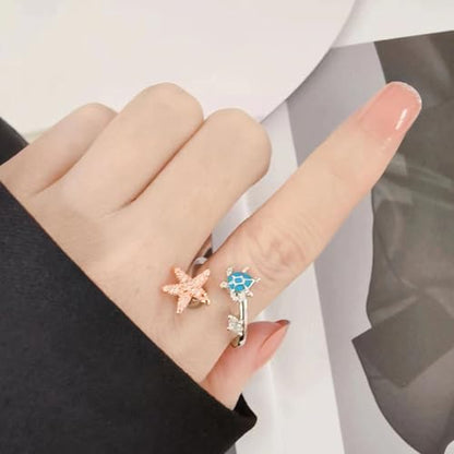 Starfish Turtle Fidget Anxiety Open Rings for Women Cute Funny Adjustable Crystal Spinner Stress Relief Stackable Ring Rotatable Calming Worry Meditation Jewelry Birthday Christmas Gifts
