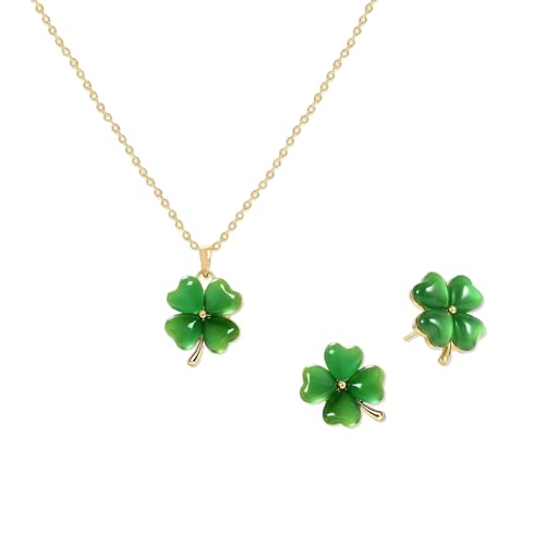 Gold Silver Stud Earrings Pendent Necklace Sets for Women, Dainty Rhinestone Crystal Necklace Earing Jewelry Set Wedding Accessories Fashion Holiday Gift - color: Green Four Leaf Clover St. Patrick's Day