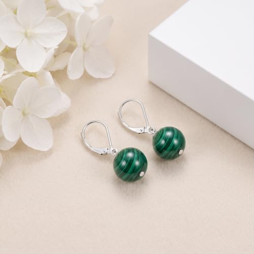 Pearl Leverback Earrings for Women Dangle Round Gemstone Earrings Birthstone Jewelry Gift Anniversary for Her - color: 14 malachite