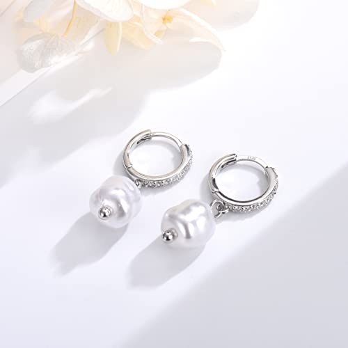CERSLIMO Pearl Drop Earrings for Women | S925 Sterling Silver Post Simulated Shell Pearl Hoop Dangle Earrings, Hypoallergenic Cubic Zirconia Huggies Earrings Bridesmaid Jewelry - style: 03 Silver-Baroque