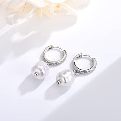 CERSLIMO Pearl Drop Earrings for Women | S925 Sterling Silver Post Simulated Shell Pearl Hoop Dangle Earrings, Hypoallergenic Cubic Zirconia Huggies Earrings Bridesmaid Jewelry - style: 03 Silver-Baroque