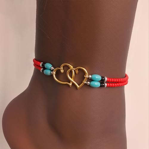 Elastic Beaded Ankle Bracelets for Women Double Heart Layered Stretch Ankle Bracelets Waterproof Dainty Boho Beaded Anklets for Summer Beach Foot Jewelry - color: Red Gold