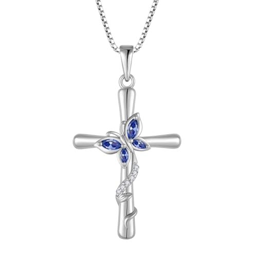 Cross Necklace for Women 925 Sterling Silver Butterfly Necklace Birthstone Pendant Created Gemstone Jewelry Gifts for Women - color: 12 December - Tanzanite