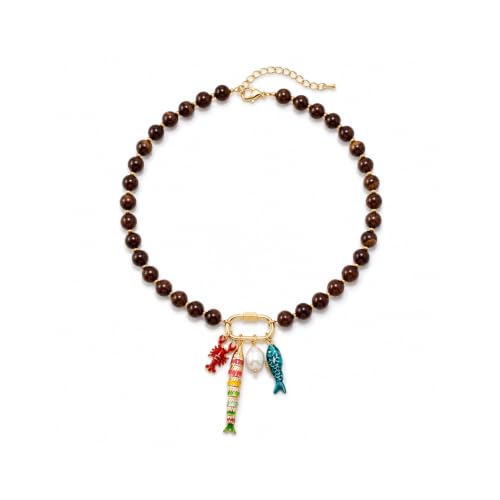 LIU JUN Colorful Beaded Necklace for Women, Chunky Boho Fish Starfish Conch Pendant Acrylic Bead Necklaces Cute Y2K Summer Beach Jewelry Gifts - color: Fish Cat Eye Stone