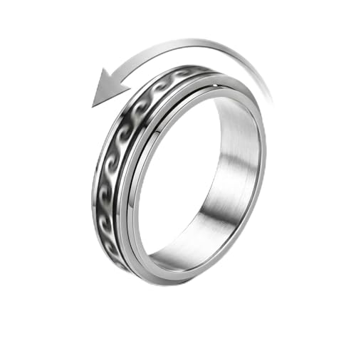 Wave Spinner Ring For Women, Summer Ocean Nautical Pattern Anti-Anxiety Fidget Two Tone Stainless Steel Jewelry Gift - color: Wave Spinner 9