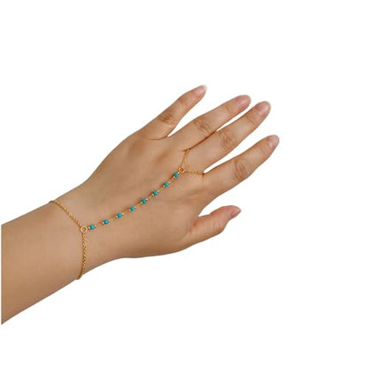 Dainty Gold Hand Chain Bracelet,18K Real Gold Plated Minimalist Handmade Beaded Finger Chain Bracelets for Women - color: Turquoise