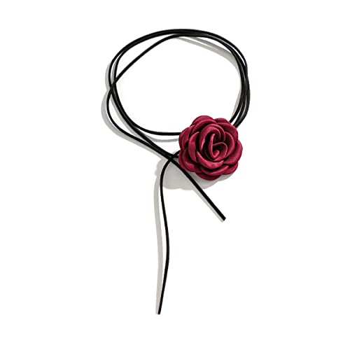 Rose Black Velvet Floral Choker Necklace - Camellia Daisy Rosette - Spring Summer Flower Jewelry - color: Red
