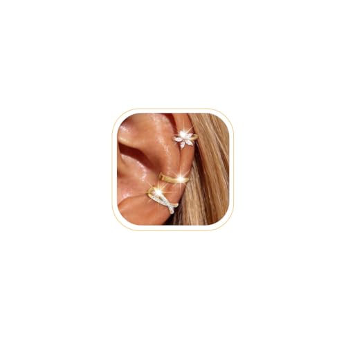 Ear Cuff Earrings for Women Non Piercing Helix Cartilage Clip on Ear Cuffs 14K Gold Plated & Sterling Silver Stainless Steel Hypoallergenic Huggie Hoop Fake Earring Set Jewelry Gift - color: A2-Floral Cuff Set Gold
