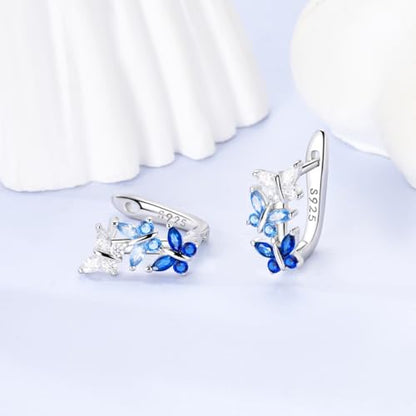 Parmuz 925 Sterling Silver Butterfly Huggies Hoop Earrings for Woman | Gold Plated Cubic Zirconia Star Moon cross Twisted huggie Hoop Post Chunky Small Tiny cuff Snake Heart Earring Gift for Her - color: light blue