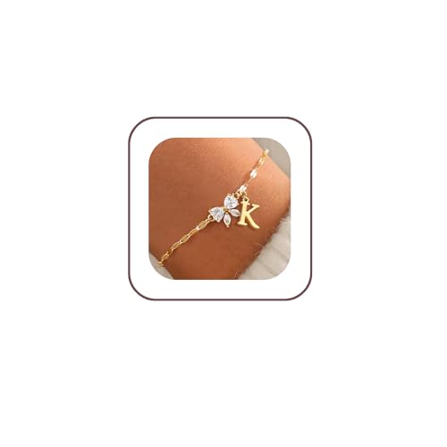 Gold Initial Bracelet for Women Teen Girls 14k Gold Plated Dainty Butterfly Charm Letter Bracelet for Birthday Jewelry Gifts - color: Gold-K