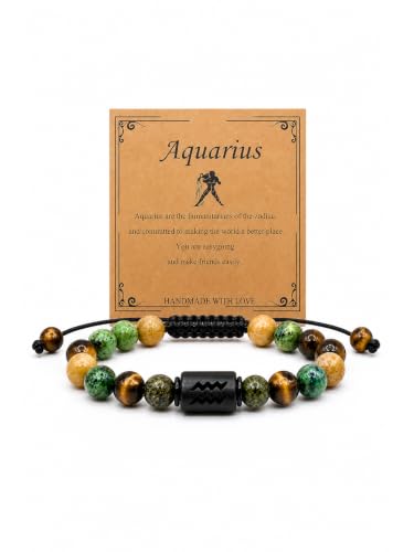 Zodiac Bracelet for Women and Men, Zodiac Sign Natural Stone Beaded Bracelet, Adjustable Horoscope Astrology Bracelet with Zodiac Card, Birthday Gift for Her Him - color: Aquarius