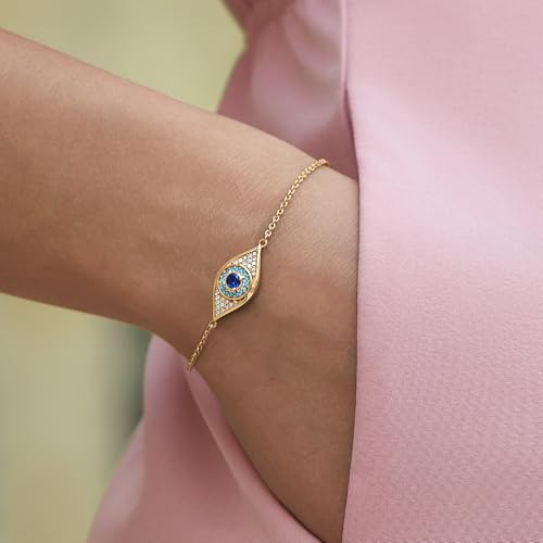 Cicy Bell Evil Eye Bracelets 18k Gold Plated Adjustable | Turquoise，Zirconia Link, Trendy Jewelry Gift for Women, 15.9" with 1.9'' Extender - color: A-Gold