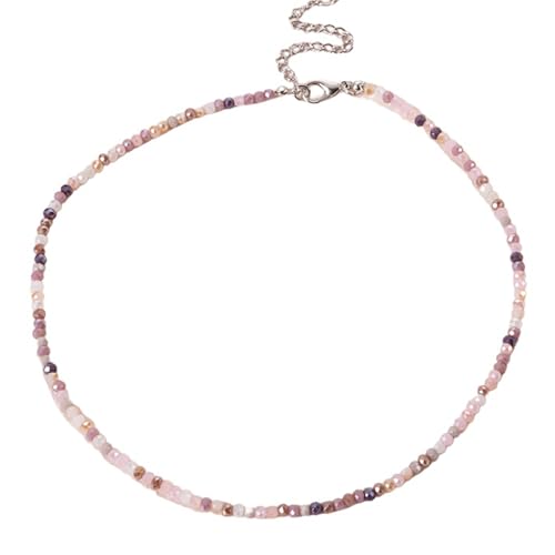 Dainty Colorful Crystal Beaded Chain Adjustable Lightweight Choker Necklace Handmade Bohemian Shiny 3mm Rice Stone Beads Necklace Boho Summer Beach Jewelry for Women - color: pink