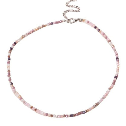 Dainty Colorful Crystal Beaded Chain Adjustable Lightweight Choker Necklace Handmade Bohemian Shiny 3mm Rice Stone Beads Necklace Boho Summer Beach Jewelry for Women - color: pink