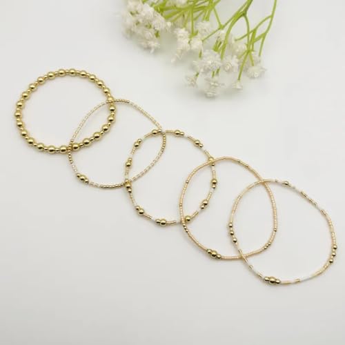 5Pcs Stack Gold Plated Ball Beaded Bracelets Set for Women, Boho Handmade Colorful Glass Pearl Stretch Accessories Jewelry, Summer Beach Daily Wear Holiday Friendship Gift - color: Peach