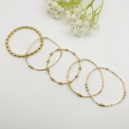 5Pcs Stack Gold Plated Ball Beaded Bracelets Set for Women, Boho Handmade Colorful Glass Pearl Stretch Accessories Jewelry, Summer Beach Daily Wear Holiday Friendship Gift - color: Peach